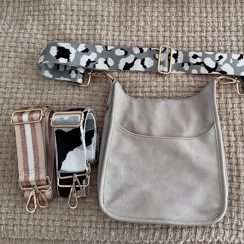Adorned Grey Medium Faux Leather Crossbody with 3 Interchangeable Straps